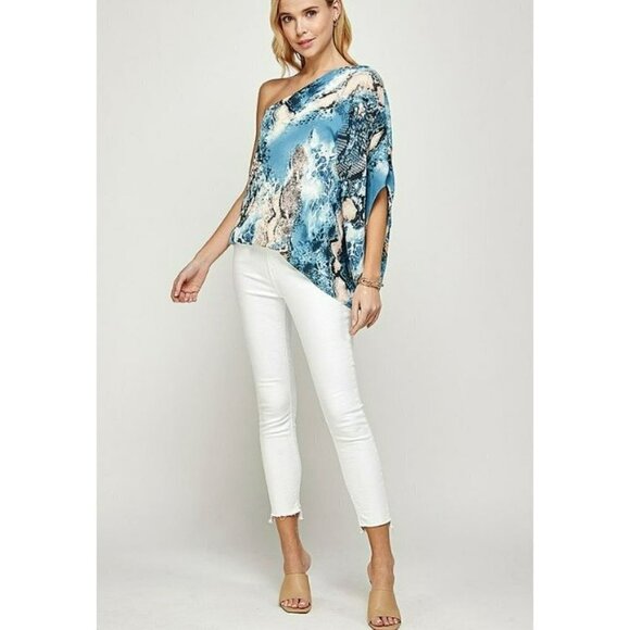 NEW Radiant One Shoulder Blue Blouse Snakeskin Blush Boho Top Bluson Size Small - Picture 3 of 6